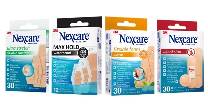 Bilder von Packungen mit Nexcare™ Pflastern
